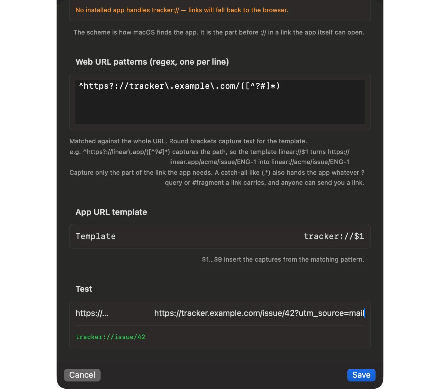 The Add App… dialog filled in for Tracker, with the test field turning a tracker.example.com link into tracker://issue/42