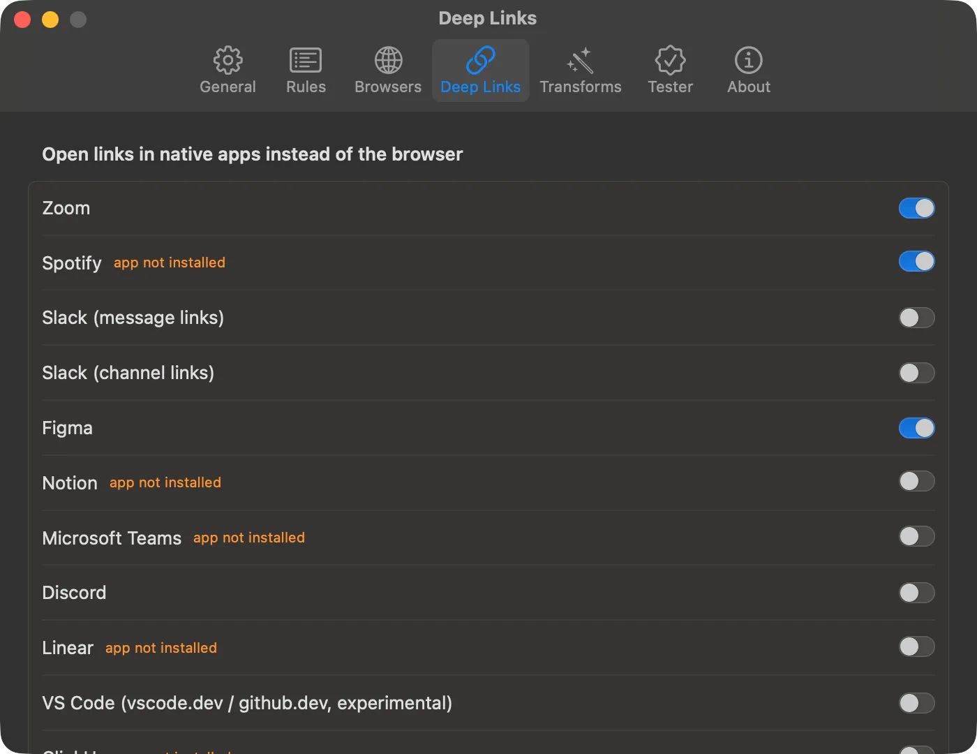 Settings → Deep Links: a switch per app, with apps that aren’t installed marked