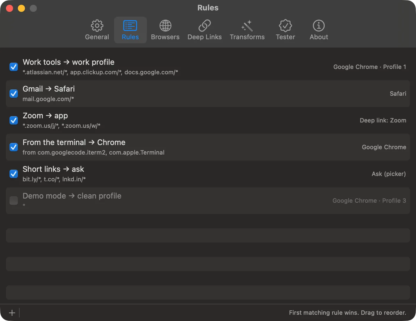 Settings → Rules lists rules in match order; drag a rule to move it